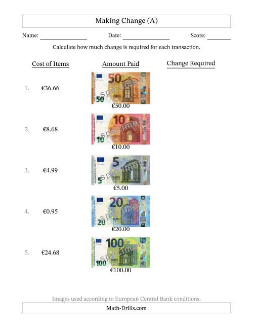 The Making Change from Banknotes up to One Hundred Euros (A) Math Worksheet