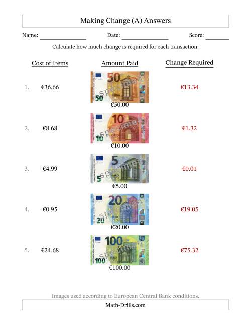 The Making Change from Banknotes up to One Hundred Euros (A) Math Worksheet Page 2