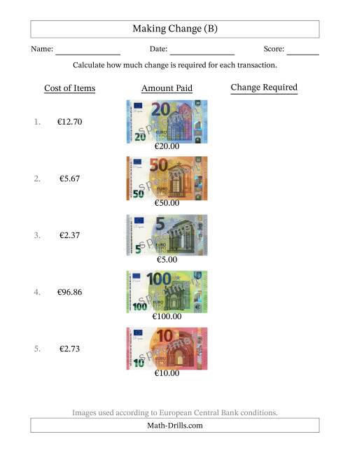 The Making Change from Banknotes up to One Hundred Euros (B) Math Worksheet