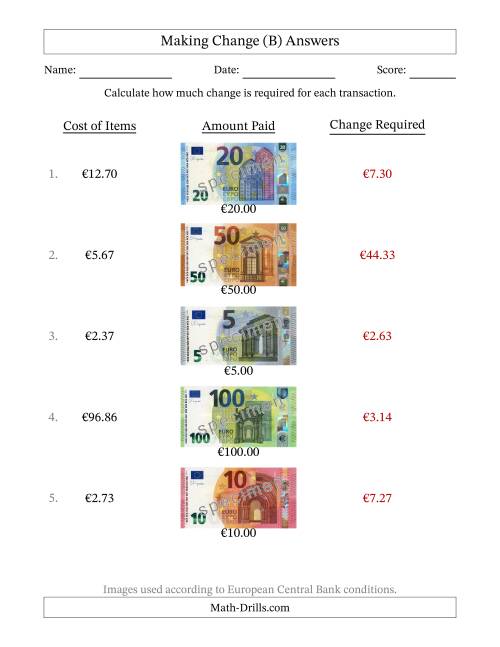 The Making Change from Banknotes up to One Hundred Euros (B) Math Worksheet Page 2