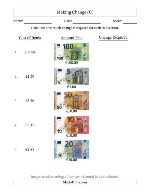 The Making Change from Banknotes up to One Hundred Euros (C) Math Worksheet