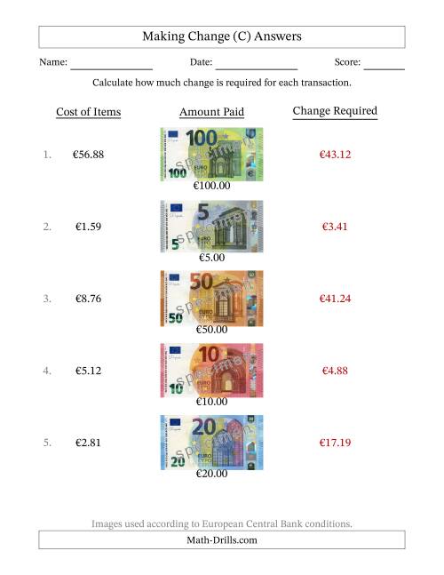 The Making Change from Banknotes up to One Hundred Euros (C) Math Worksheet Page 2