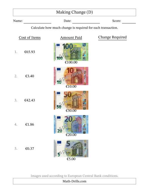 The Making Change from Banknotes up to One Hundred Euros (D) Math Worksheet