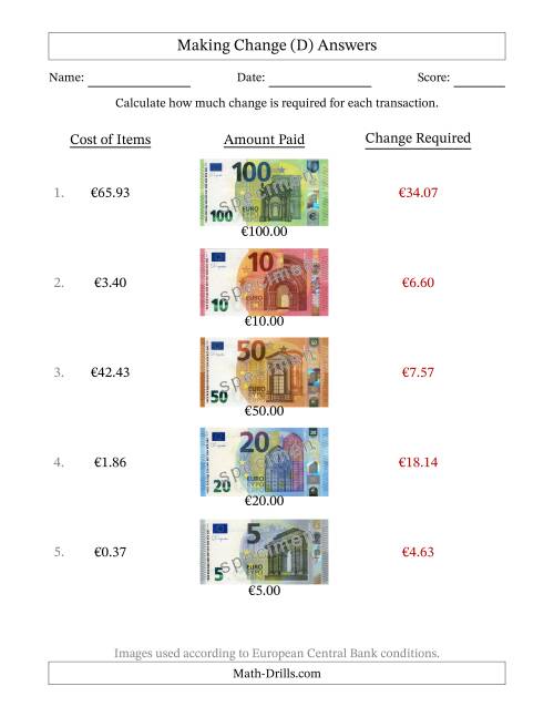 The Making Change from Banknotes up to One Hundred Euros (D) Math Worksheet Page 2