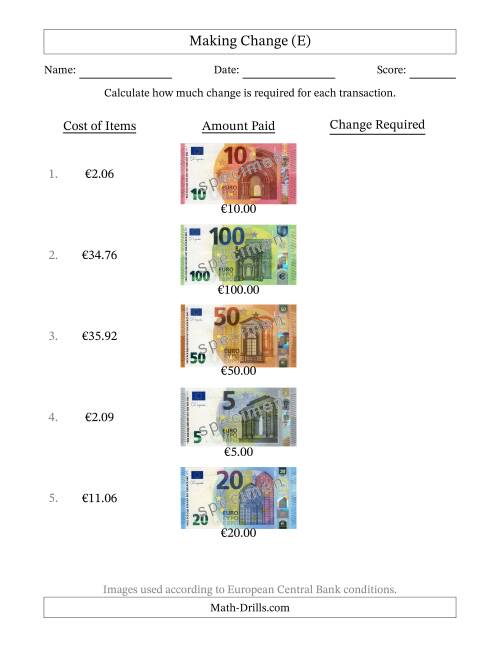 The Making Change from Banknotes up to One Hundred Euros (E) Math Worksheet