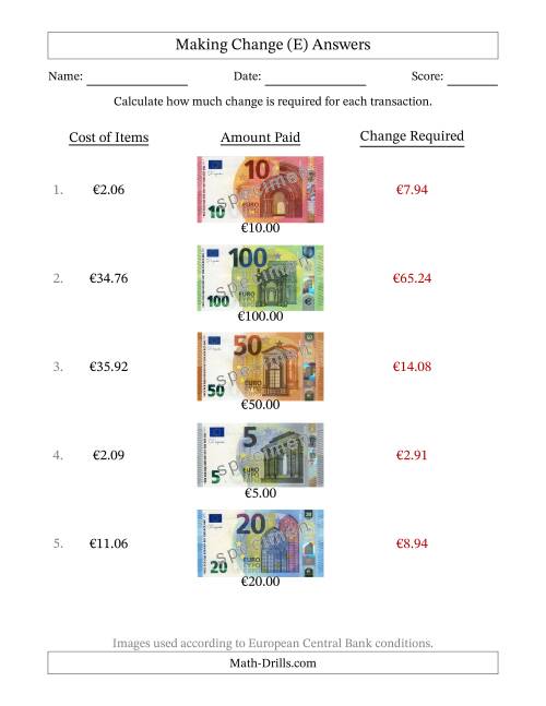 The Making Change from Banknotes up to One Hundred Euros (E) Math Worksheet Page 2