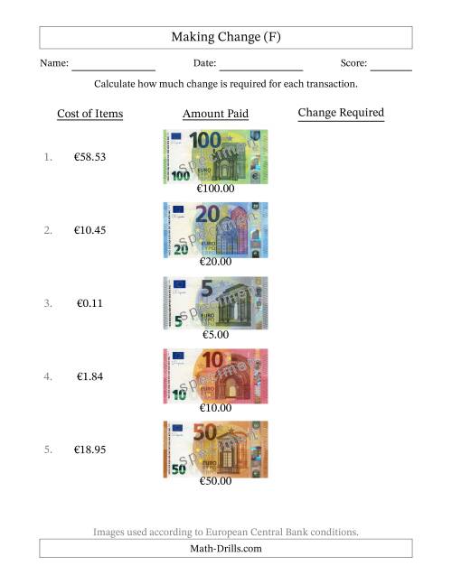 The Making Change from Banknotes up to One Hundred Euros (F) Math Worksheet