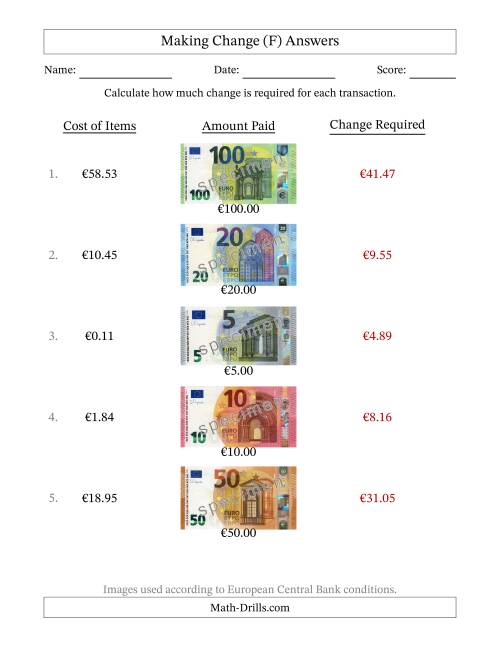 The Making Change from Banknotes up to One Hundred Euros (F) Math Worksheet Page 2