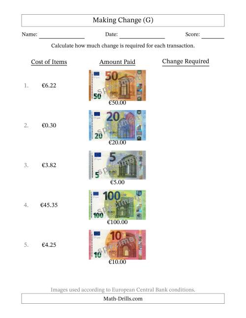 The Making Change from Banknotes up to One Hundred Euros (G) Math Worksheet