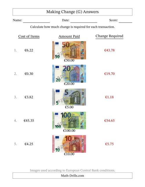 The Making Change from Banknotes up to One Hundred Euros (G) Math Worksheet Page 2