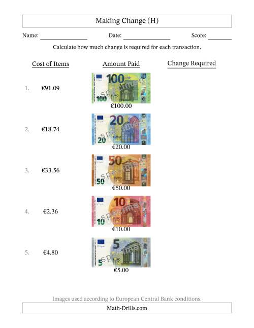 The Making Change from Banknotes up to One Hundred Euros (H) Math Worksheet