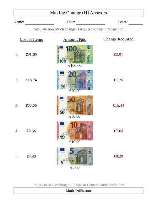 The Making Change from Banknotes up to One Hundred Euros (H) Math Worksheet Page 2