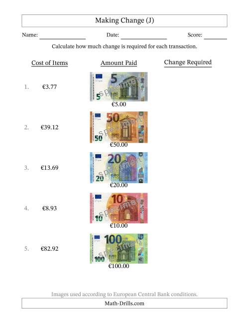 The Making Change from Banknotes up to One Hundred Euros (J) Math Worksheet