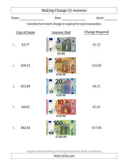 The Making Change from Banknotes up to One Hundred Euros (J) Math Worksheet Page 2