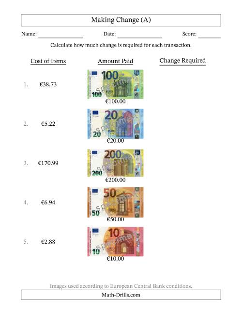 The Making Change from Banknotes up to Two Hundred Euros (A) Math Worksheet