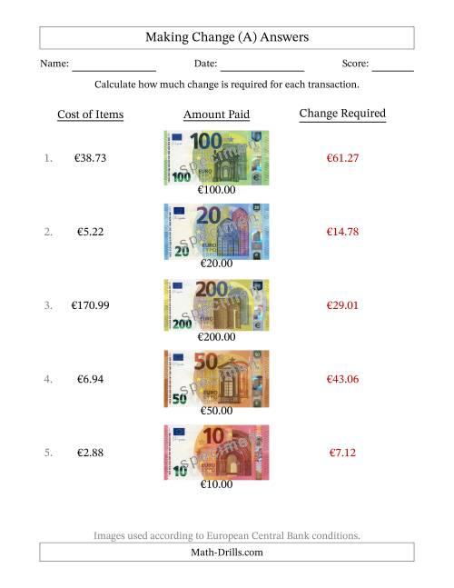 The Making Change from Banknotes up to Two Hundred Euros (A) Math Worksheet Page 2