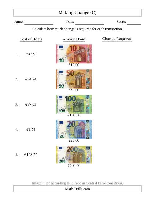 The Making Change from Banknotes up to Two Hundred Euros (C) Math Worksheet