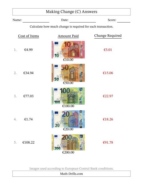 The Making Change from Banknotes up to Two Hundred Euros (C) Math Worksheet Page 2