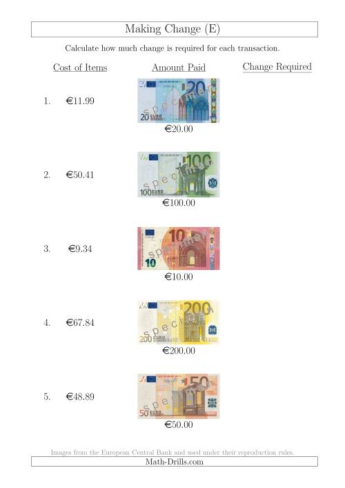The Making Change from Euro Notes up to €200 (E) Math Worksheet