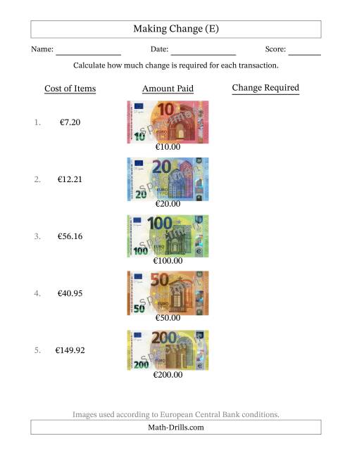 The Making Change from Banknotes up to Two Hundred Euros (E) Math Worksheet