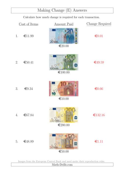 The Making Change from Euro Notes up to €200 (E) Math Worksheet Page 2