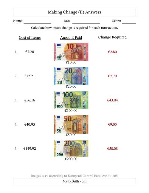 The Making Change from Banknotes up to Two Hundred Euros (E) Math Worksheet Page 2