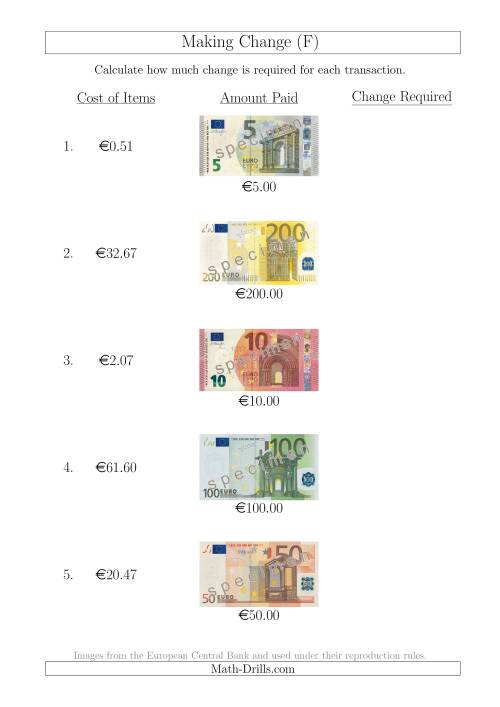 The Making Change from Euro Notes up to €200 (F) Math Worksheet