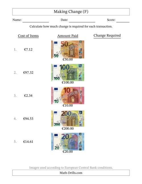 The Making Change from Banknotes up to Two Hundred Euros (F) Math Worksheet