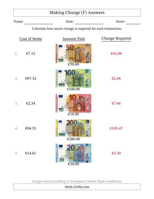 The Making Change from Banknotes up to Two Hundred Euros (F) Math Worksheet Page 2