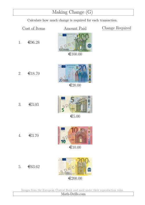 The Making Change from Euro Notes up to €200 (G) Math Worksheet