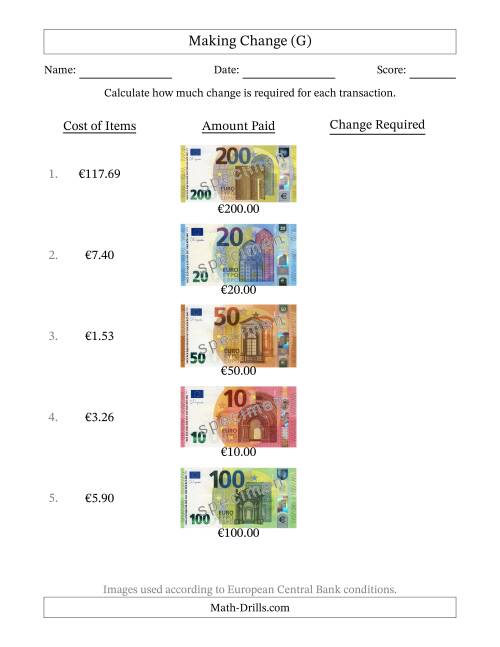 The Making Change from Banknotes up to Two Hundred Euros (G) Math Worksheet