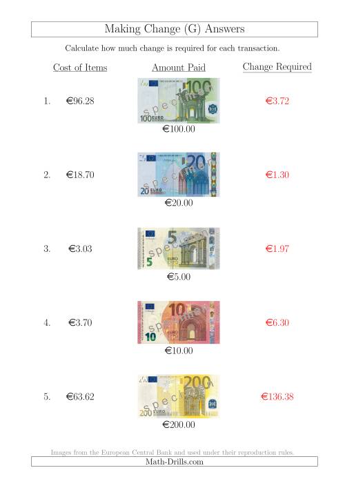 The Making Change from Euro Notes up to €200 (G) Math Worksheet Page 2