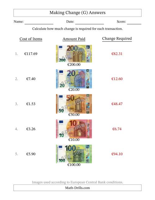 The Making Change from Banknotes up to Two Hundred Euros (G) Math Worksheet Page 2