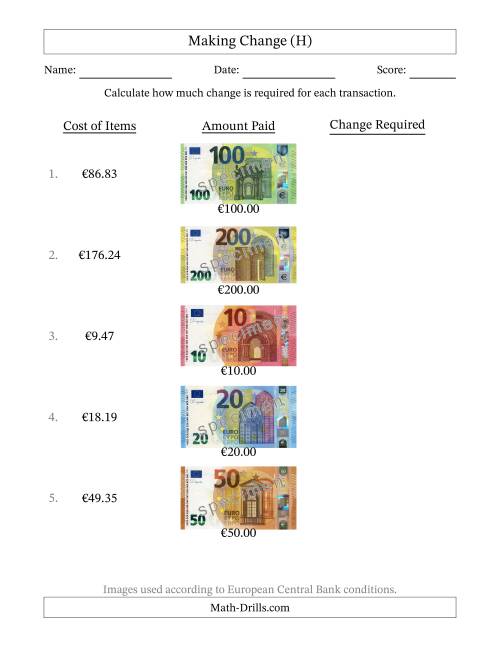 The Making Change from Banknotes up to Two Hundred Euros (H) Math Worksheet