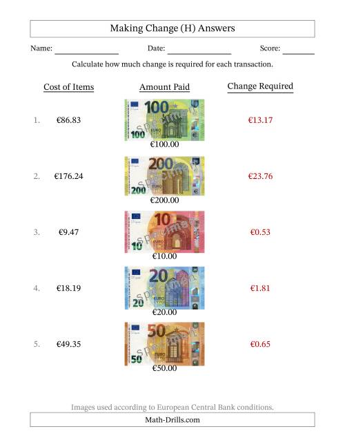 The Making Change from Banknotes up to Two Hundred Euros (H) Math Worksheet Page 2