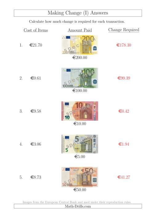 The Making Change from Euro Notes up to €200 (I) Math Worksheet Page 2