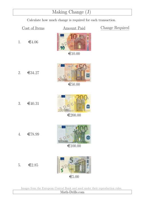 The Making Change from Euro Notes up to €200 (J) Math Worksheet