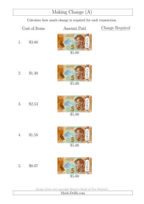 The Making Change from New Zealand $5 Banknotes (A) Math Worksheet
