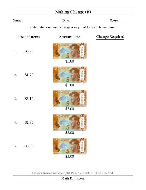 The Making Change from New Zealand Five Dollar Banknotes (B) Math Worksheet