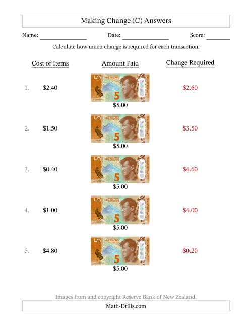 The Making Change from New Zealand Five Dollar Banknotes (C) Math Worksheet Page 2