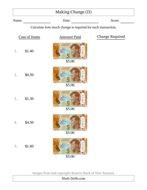 The Making Change from New Zealand Five Dollar Banknotes (D) Math Worksheet