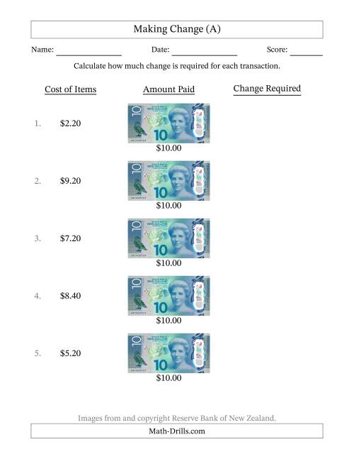 The Making Change from New Zealand Ten Dollar Banknotes (A) Math Worksheet