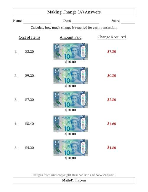 The Making Change from New Zealand Ten Dollar Banknotes (A) Math Worksheet Page 2