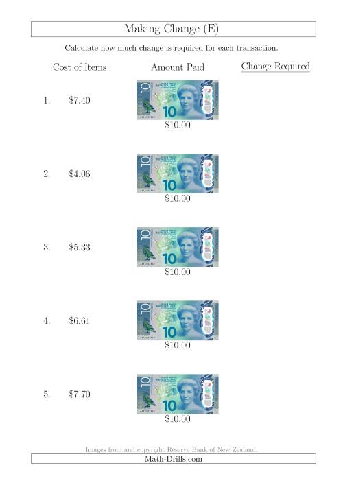 The Making Change from New Zealand $10 Banknotes (E) Math Worksheet