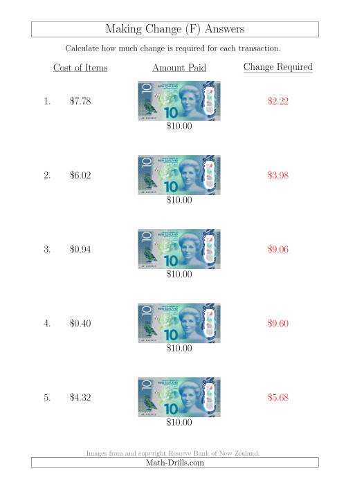 The Making Change from New Zealand $10 Banknotes (F) Math Worksheet Page 2