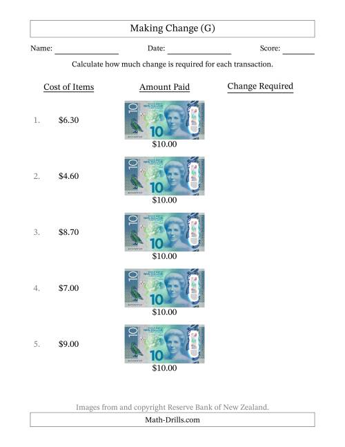 The Making Change from New Zealand Ten Dollar Banknotes (G) Math Worksheet