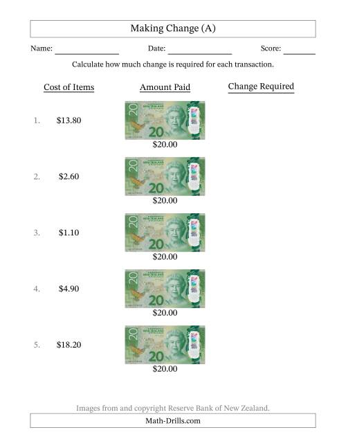 The Making Change from New Zealand Twenty Dollar Banknotes (A) Math Worksheet