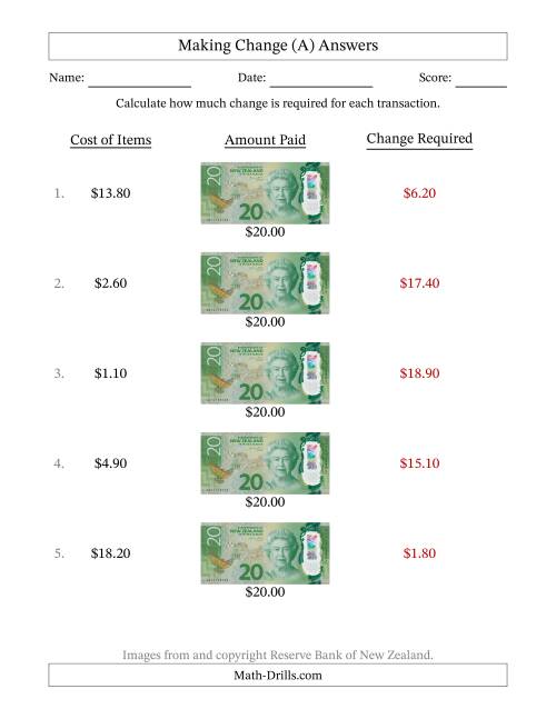 The Making Change from New Zealand Twenty Dollar Banknotes (A) Math Worksheet Page 2