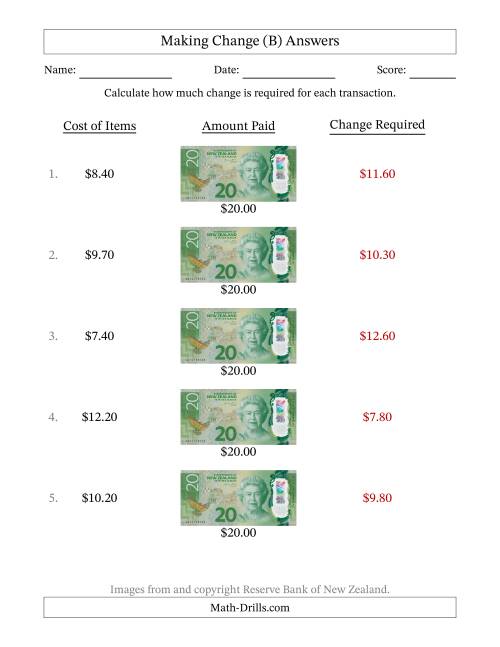 The Making Change from New Zealand Twenty Dollar Banknotes (B) Math Worksheet Page 2