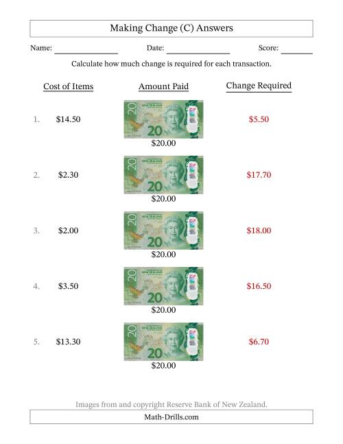 The Making Change from New Zealand Twenty Dollar Banknotes (C) Math Worksheet Page 2